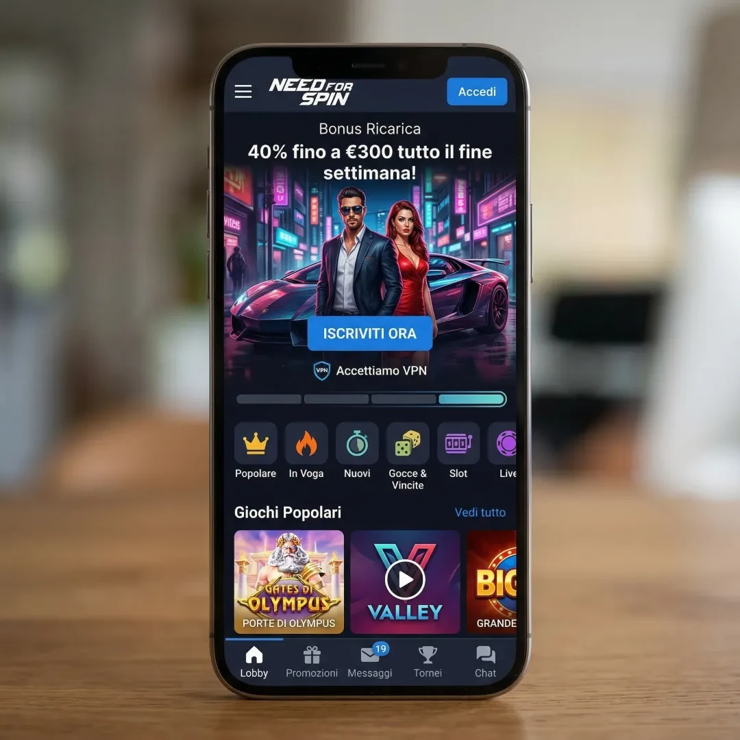 Interfaccia di Need for Spin Casino online con catalogo giochi e menu principale