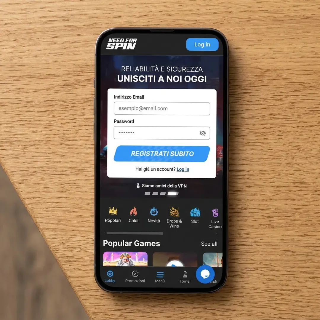 Schermata casino login con modulo registrazione, campi email e password